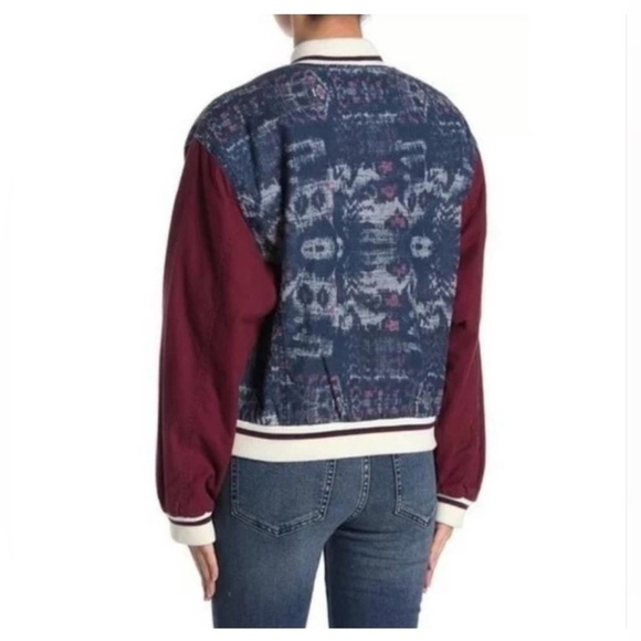 FREE PEOPLE Varsity of Dreams Bomber Jacket Denim Maroon XS - Picture 3 of 13